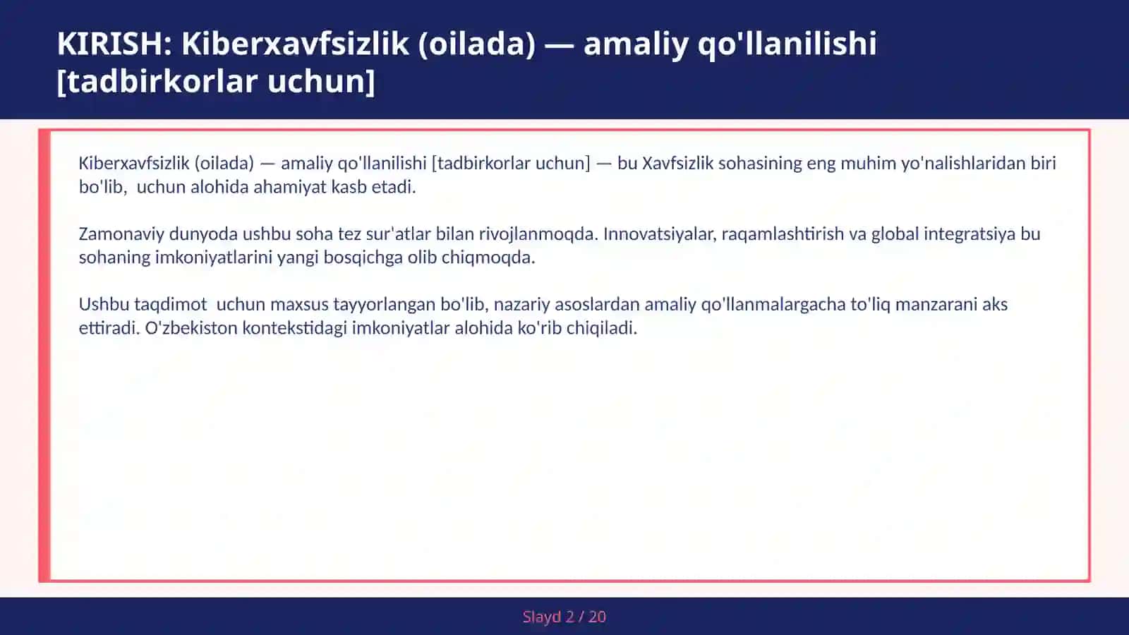 KIBERXAVFSIZLIK (OILADA) — AMALIY QO'LLANILISHI [TADBIRKORLAR UCHUN] 2