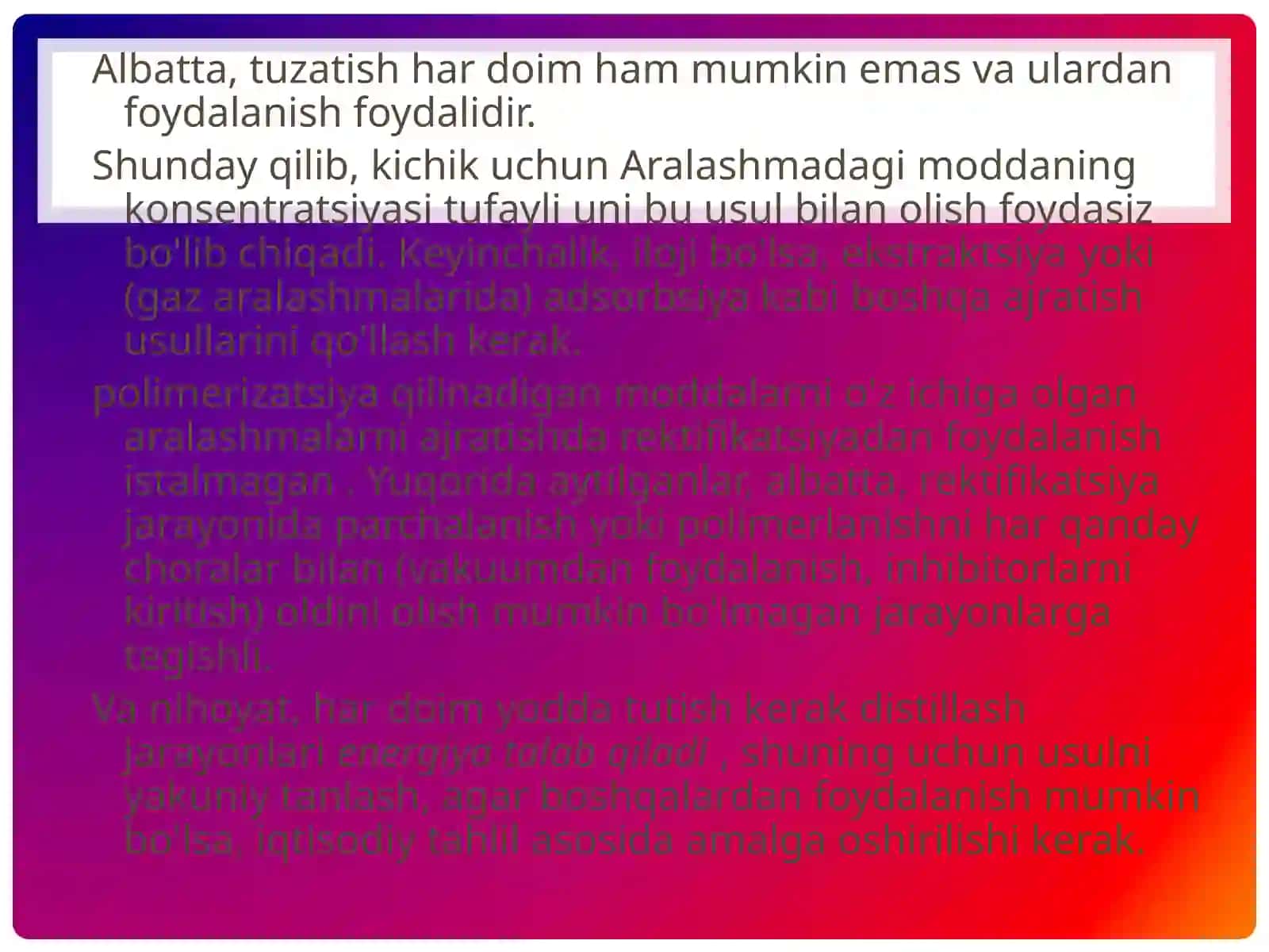 Rektifikatsiya jarayonlari uchun ma’lumotlar 2