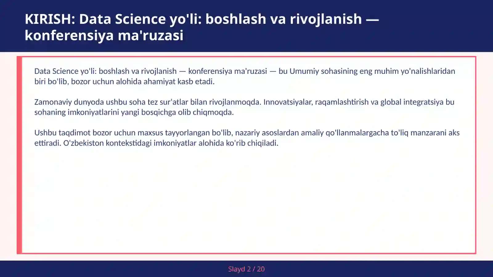 Data Science yo'li: boshlash va rivojlanish — konferensiya ma'ruzasi 2