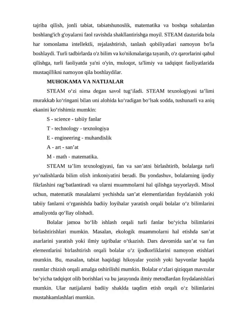 BOSHLANG‘ICH TA’LIMDA TABIIY VA BADIIY-ESTETIK TARBIYANING INTEGRATSIYASIDA STEAM TA’LIM TEXNOLOGIYASINI QO‘LLASH 2