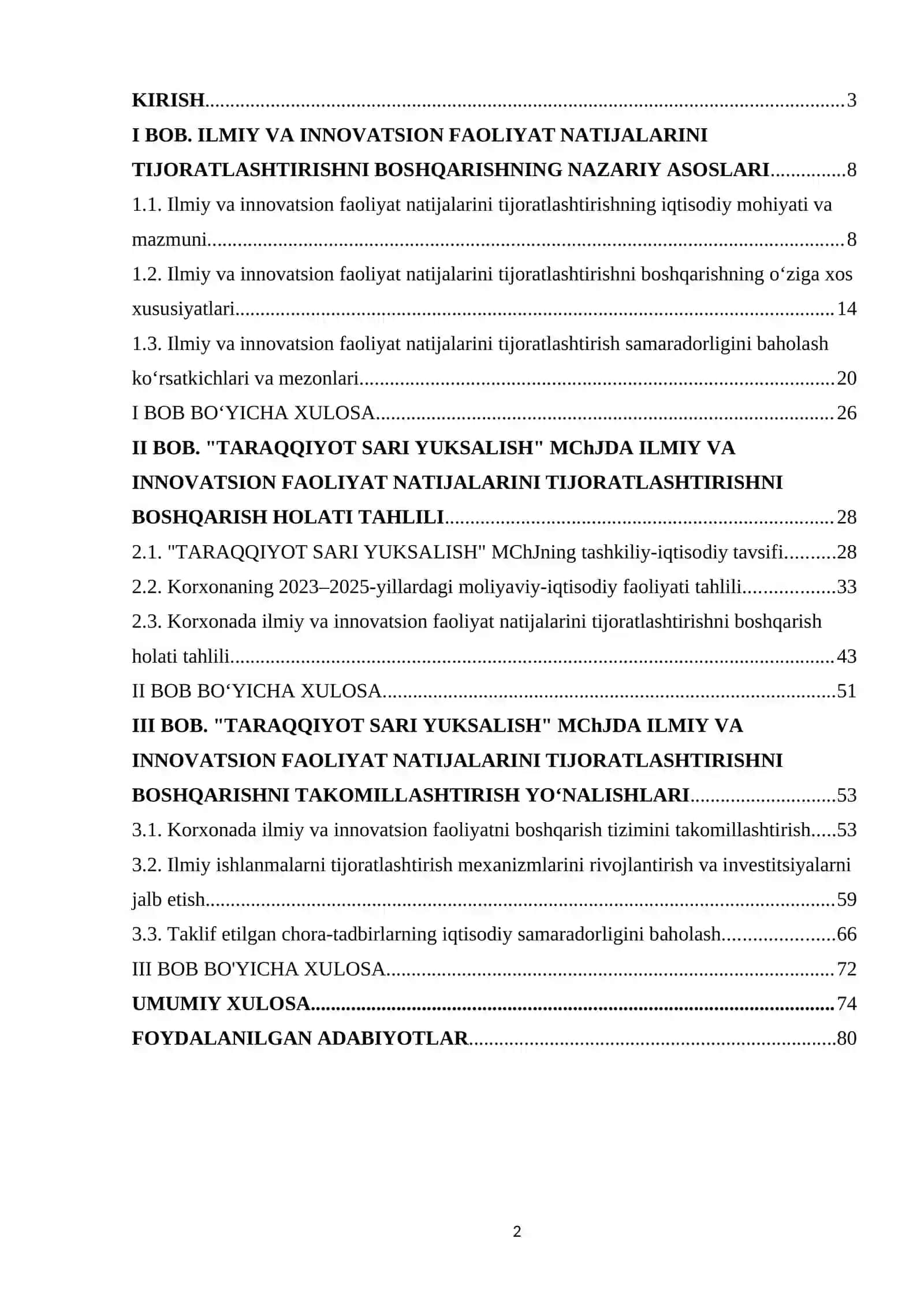 Bitiruv malakaviy ishi: Ilmiy va innovatsion faoliyat natijalarini tijoratlashtirishni boshqarish ("TARAQQIYOT SARI YUKSALISH" MChJ misolida) 2