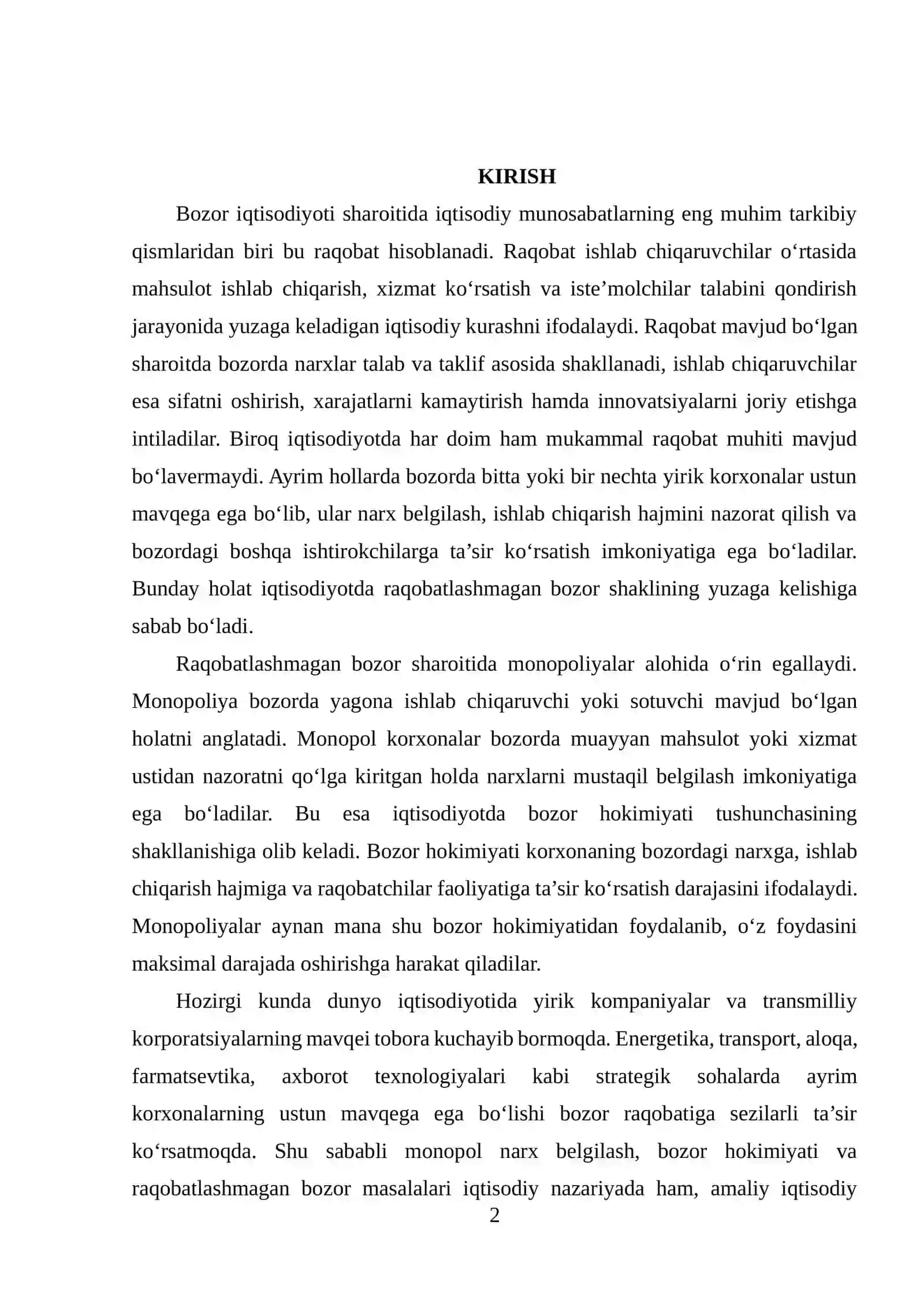 Raqobatlashmagan bozor sharoitida monopol narx belgilash va bozor hokimiyati 2