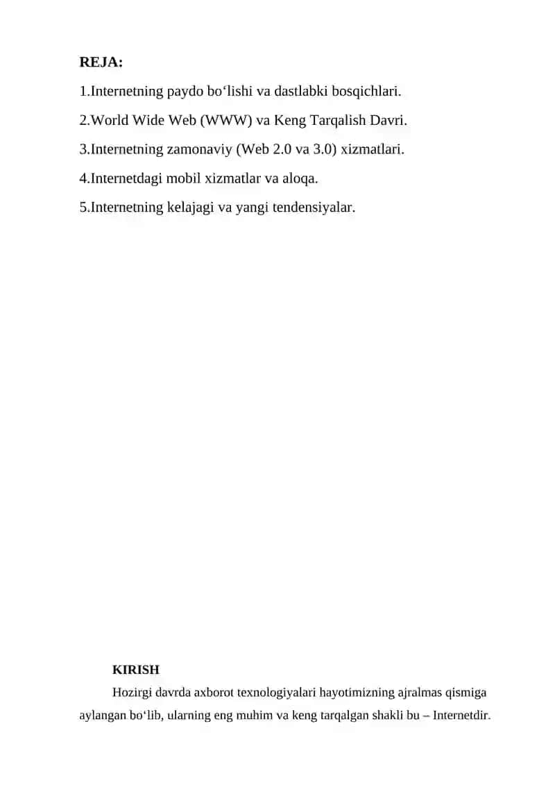 Internetning zamonaviy xizmatlari.internetning rivojlanish tarixi 2