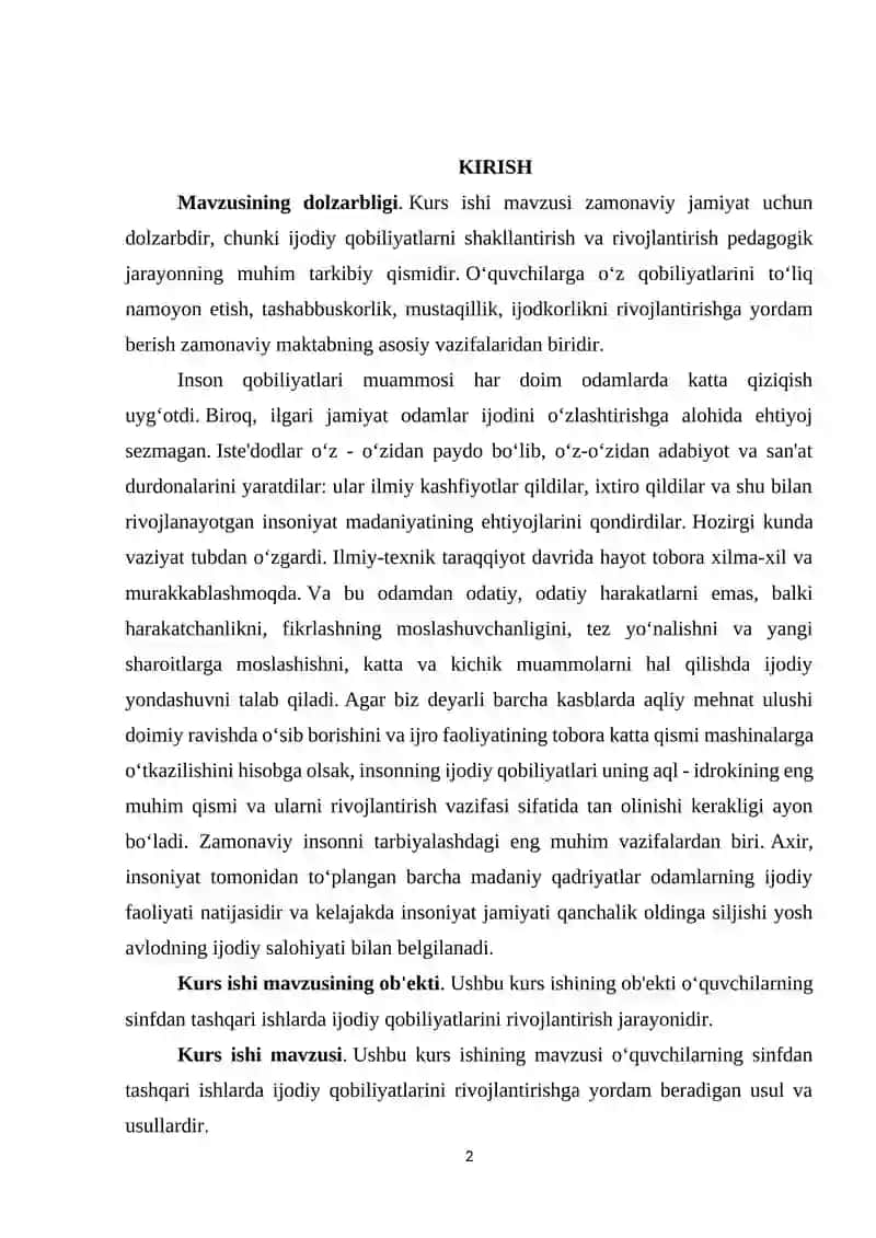 Sinfdan tashqari ishlarda o‘quvchilarning ijodiy qobiliyatining amaliy jihatlari 2