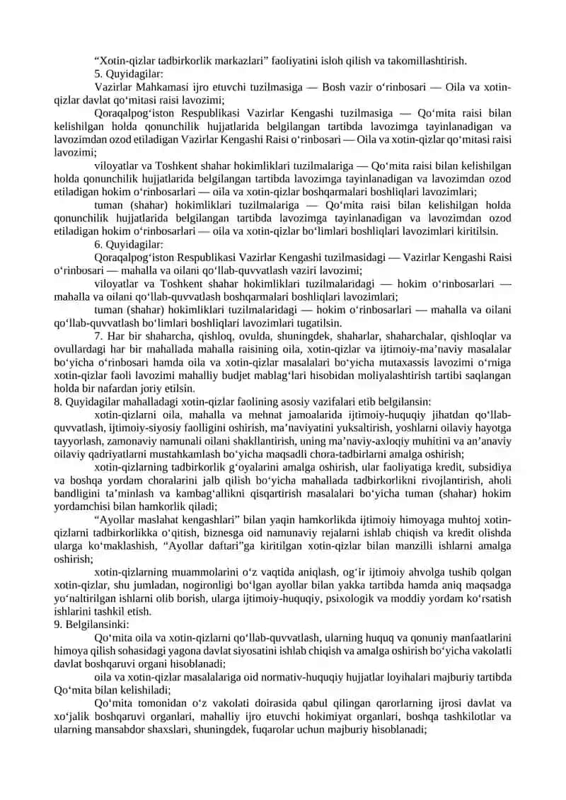 OILA VA XOTIN-QIZLAR BILAN ISHLASH, MAHALLA VA NURONIYLARNI QO‘LLAB-QUVVATLASH TIZIMINI TAKOMILLASHTIRISH CHORA-TADBIRLARI TO‘G‘RISIDA 2