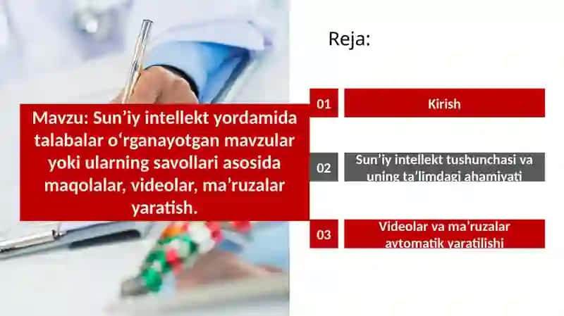 Sun’iy intellekt yordamida talabalar o‘rganayotgan mavzular yoki ularning savollari asosida maqolalar, videolar, ma’ruzalar yaratish. 2
