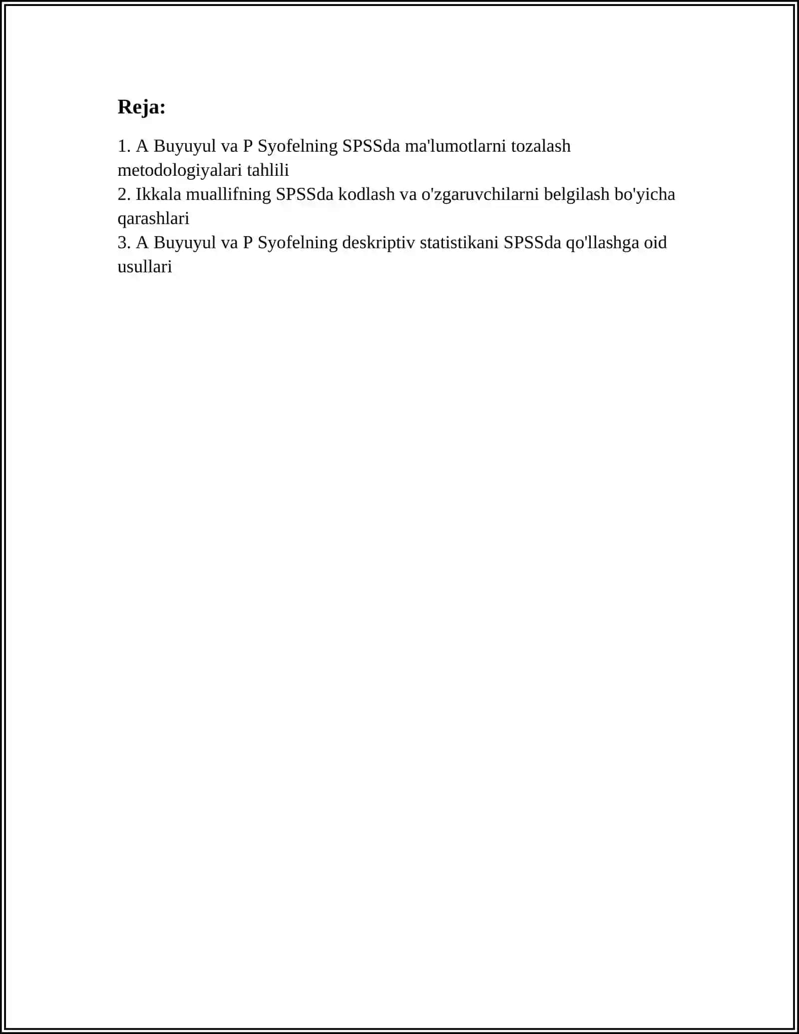SPSS MA'LUMOTLARNI QAYTA ISHLASH SAN'ATI BUYICHA A BUYUYUL VA P SYOFELNING QARASHLARINI TAHLIL QILISH 2
