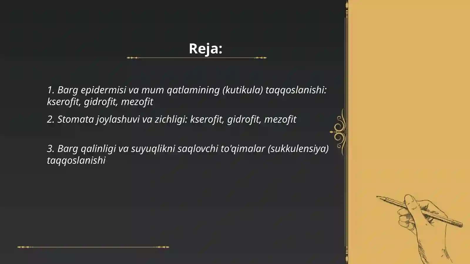 Turli yashash muhitidagi (kserofit,gidrofit,mezofit) barglarning tuzulishini solishtirish 2