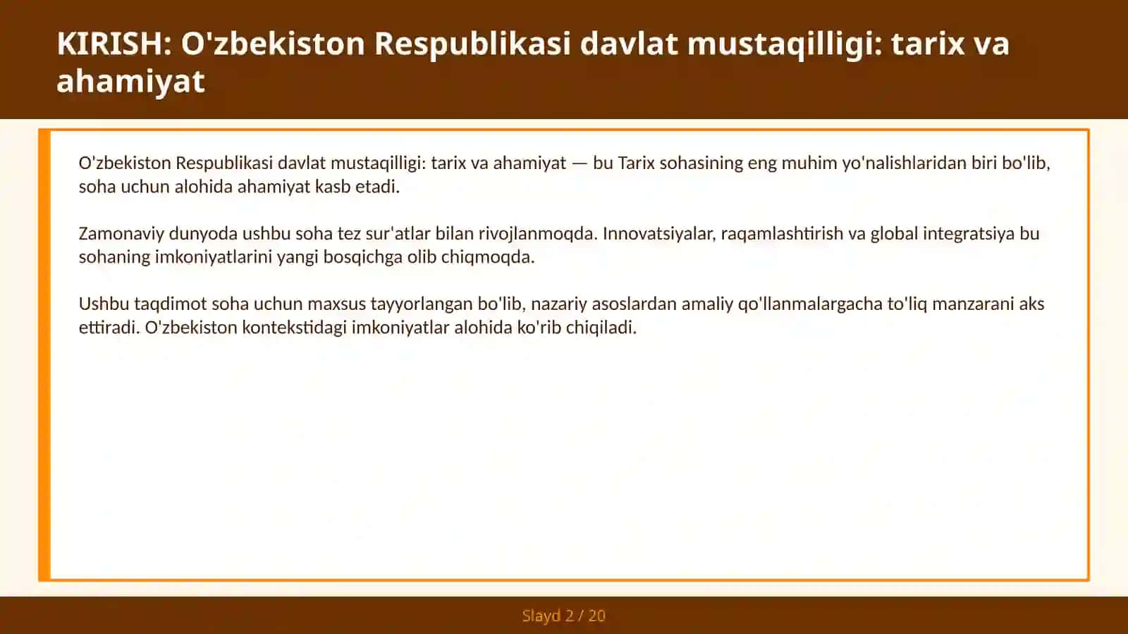 O'zbekiston Respublikasi davlat mustaqilligi: tarix va ahamiyat 2