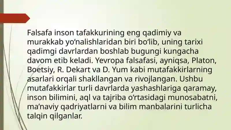 Yevropa mutafakkirlari Platon, Boetsiy, R.Dekart, D.Yumning	falsafaga oid qarashlarini qiyosiy tahlili 2