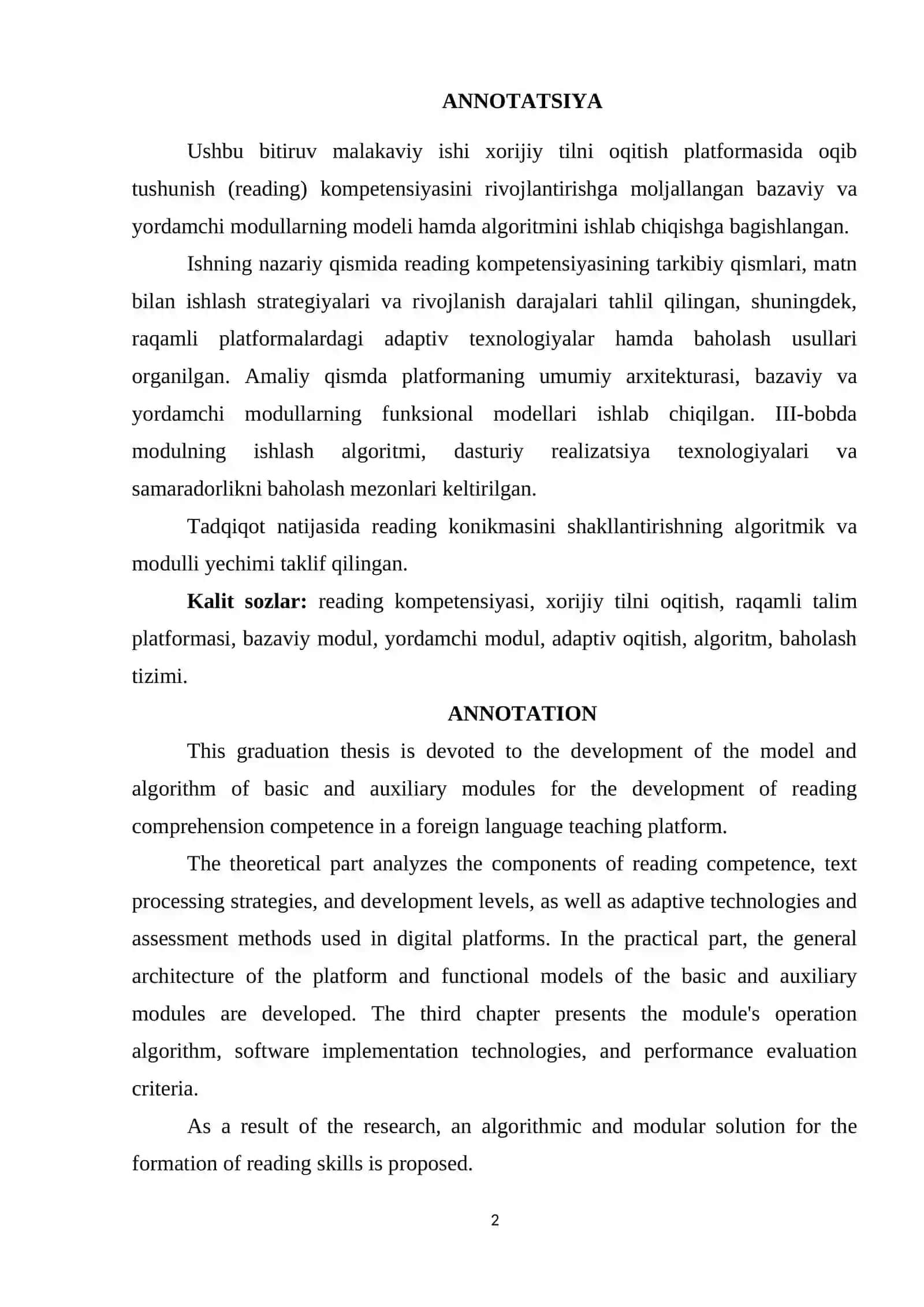 Reading ko‘nikmasini baholashda tabiiy tilni qayta ishlash usullariga asoslangan semantik-analitik tizimning modeli va algoritmlari 2