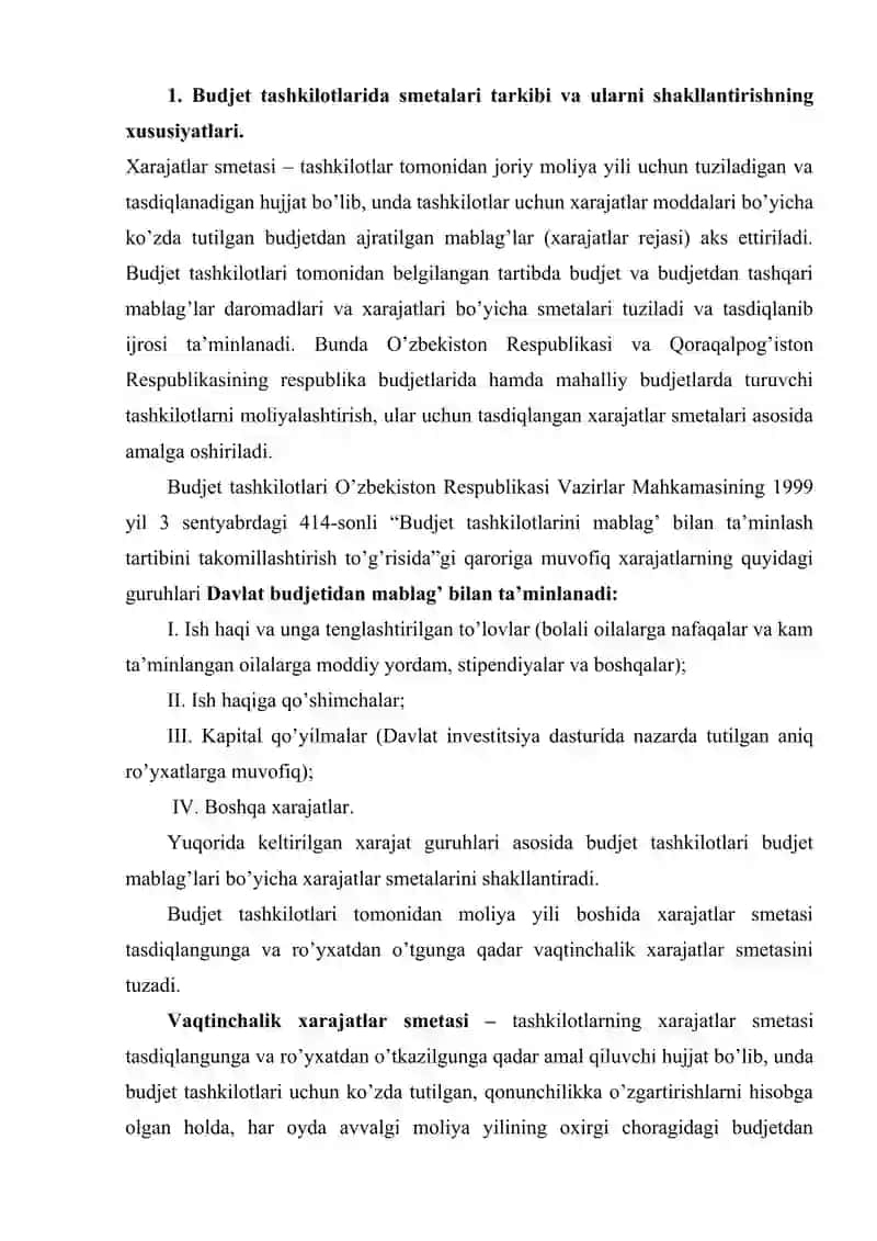 Byudjet tashkilotlarida smetelar hamda shtatlar jadvalini tuzish, tasdiqlash va taqdim etish tartibi 2