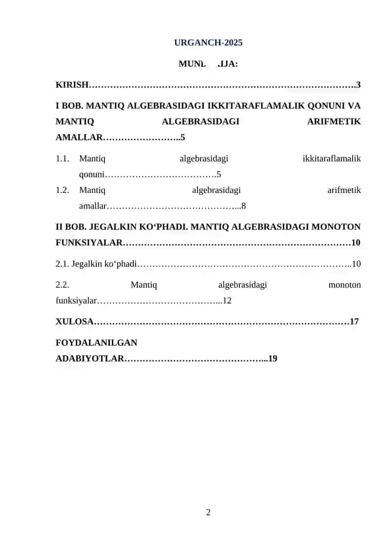 MANTIQ ALGEBRASIDAGI IKKI TARAFLAMALIK QONUNI. MANTIQ ALGEBRASIDAGI ARIFMETIK AMALLAR. JEGALKIN KO‘PHADI 2