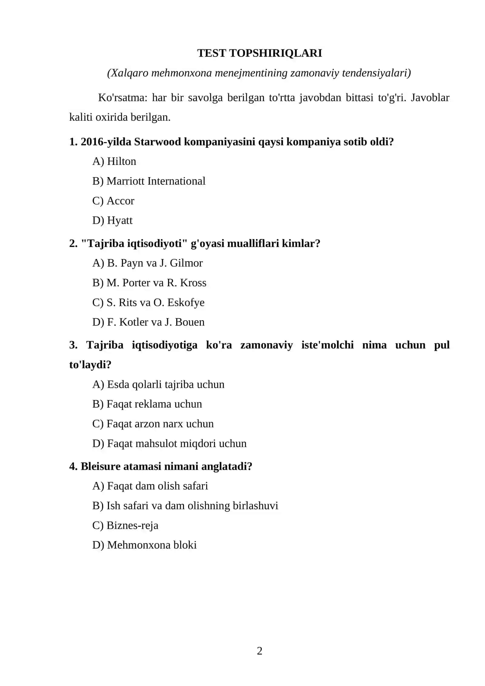 Xalqaro mehmonxona menejmenti test topshiriqlari 2