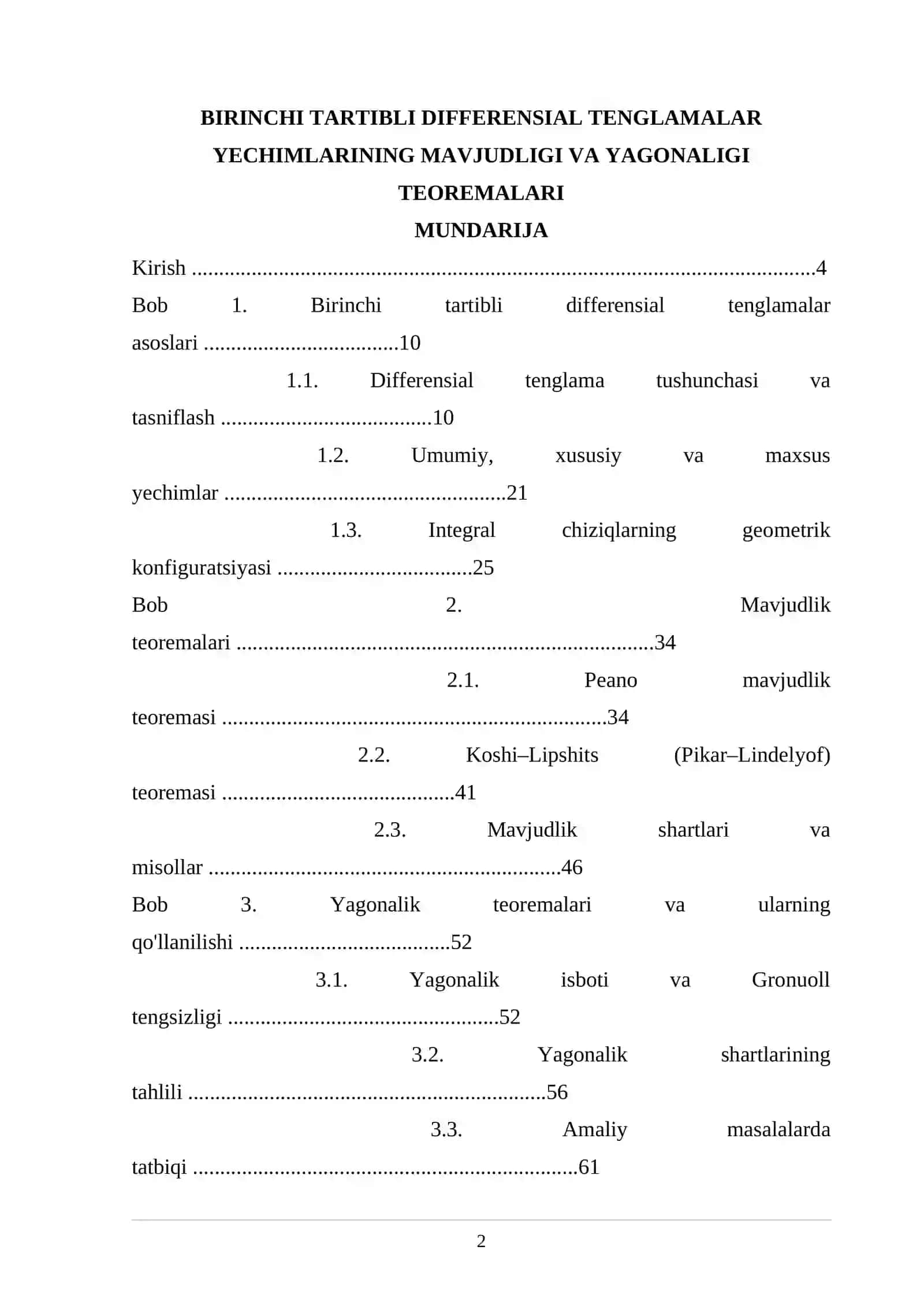 Birinchi tartibli differensial tenglamalar yechimlarining mavjudligi va yagonaligi teoremalari 2