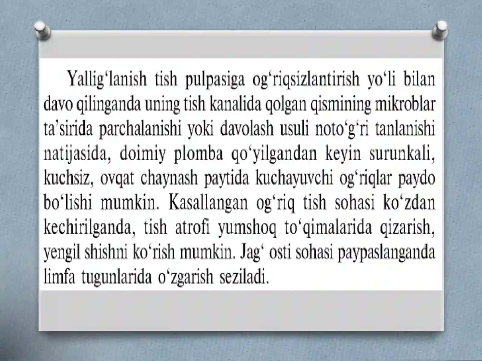 Pulpitlarni davolashdan so’ng (davomiy vaqtdan keyin) yuzaga keluvchi asoratlar. 2