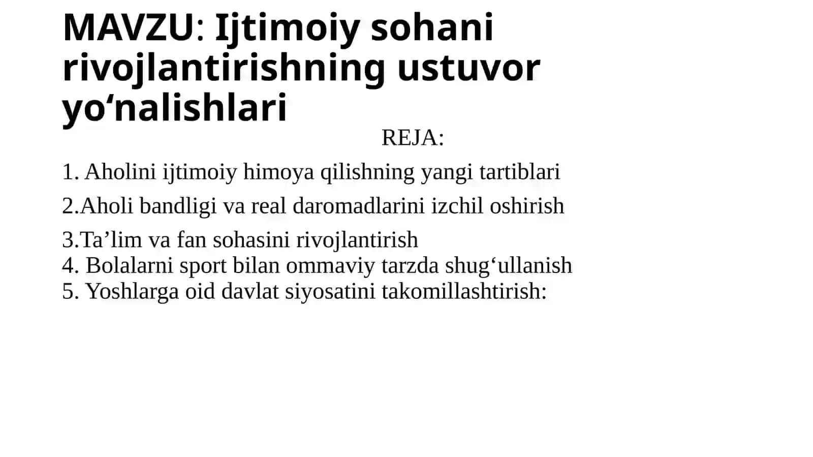 TOSHDAU TERMIZ FILIALIAGROLOGISTIKA VA BIZNES FAKULTETIDORIVOR O’SIMLIKLAR YETISHTIRISH VA QAYTA ISHLASH TEXNOLOGIYASI TALIM YO’NALISHI 2-BOSQICH 208- UBAYDULLAYEVA BIBIRAYXONNING O’ZBEKISTONNI RIVOJLANTIRISH STRATEGIYASI VA FUQAROLIK JAMIYATI FANIDAN TAYYORLAGAN MUSTAQIL ISHI QABUL QILDI TURSUNOV ABDUMO`MIN 2
