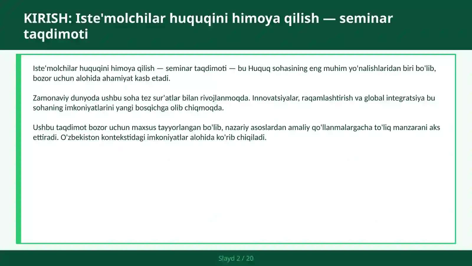 Iste'molchilar huquqini himoya qilish — seminar taqdimoti 2