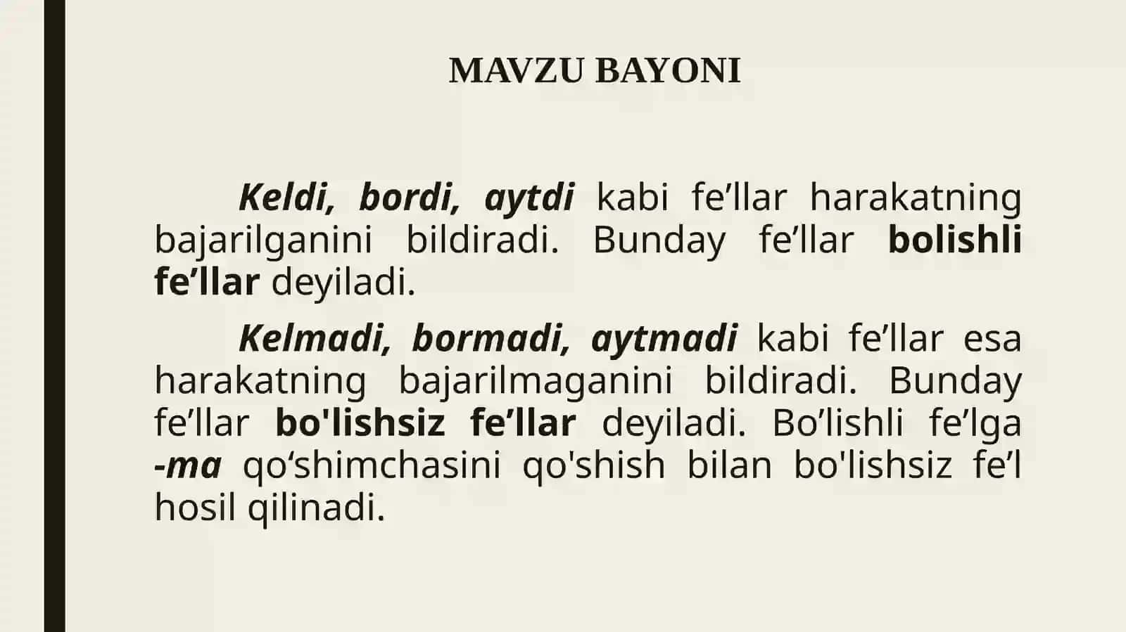 Bo‘lishli va bo‘lishsiz fe’llar. 3-sinf ona tili fanidan dars ishlanma 2