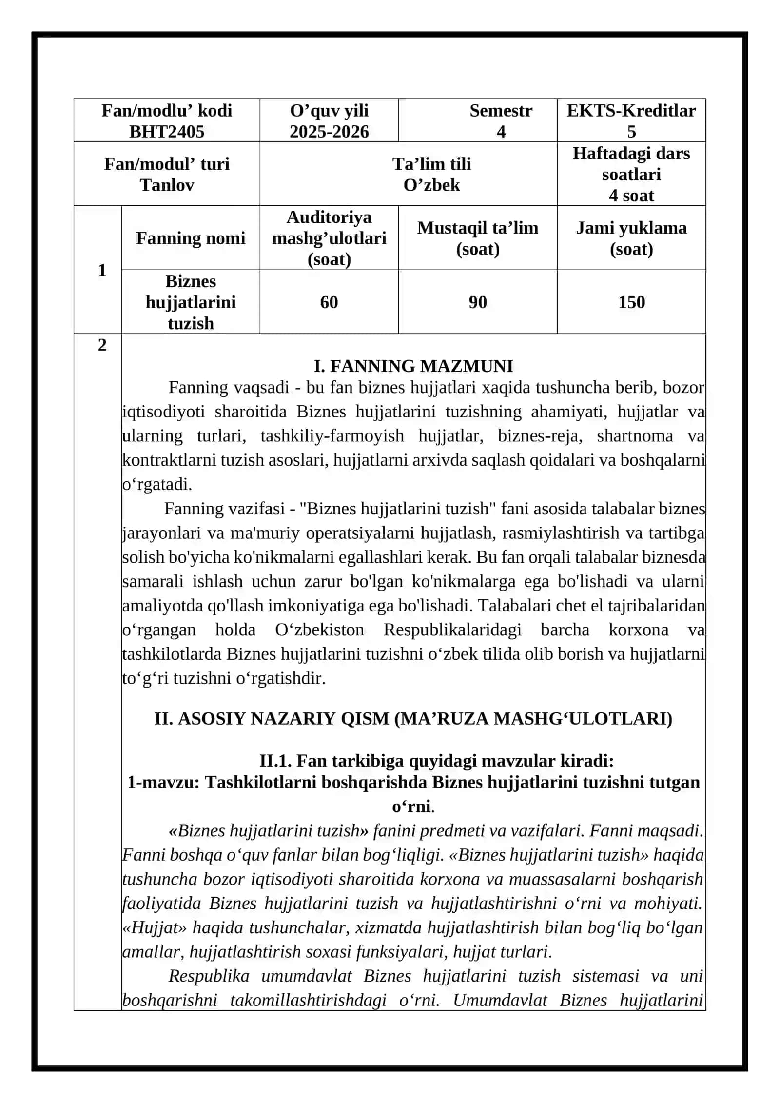Biznes hujjatlarini tuzish 2
