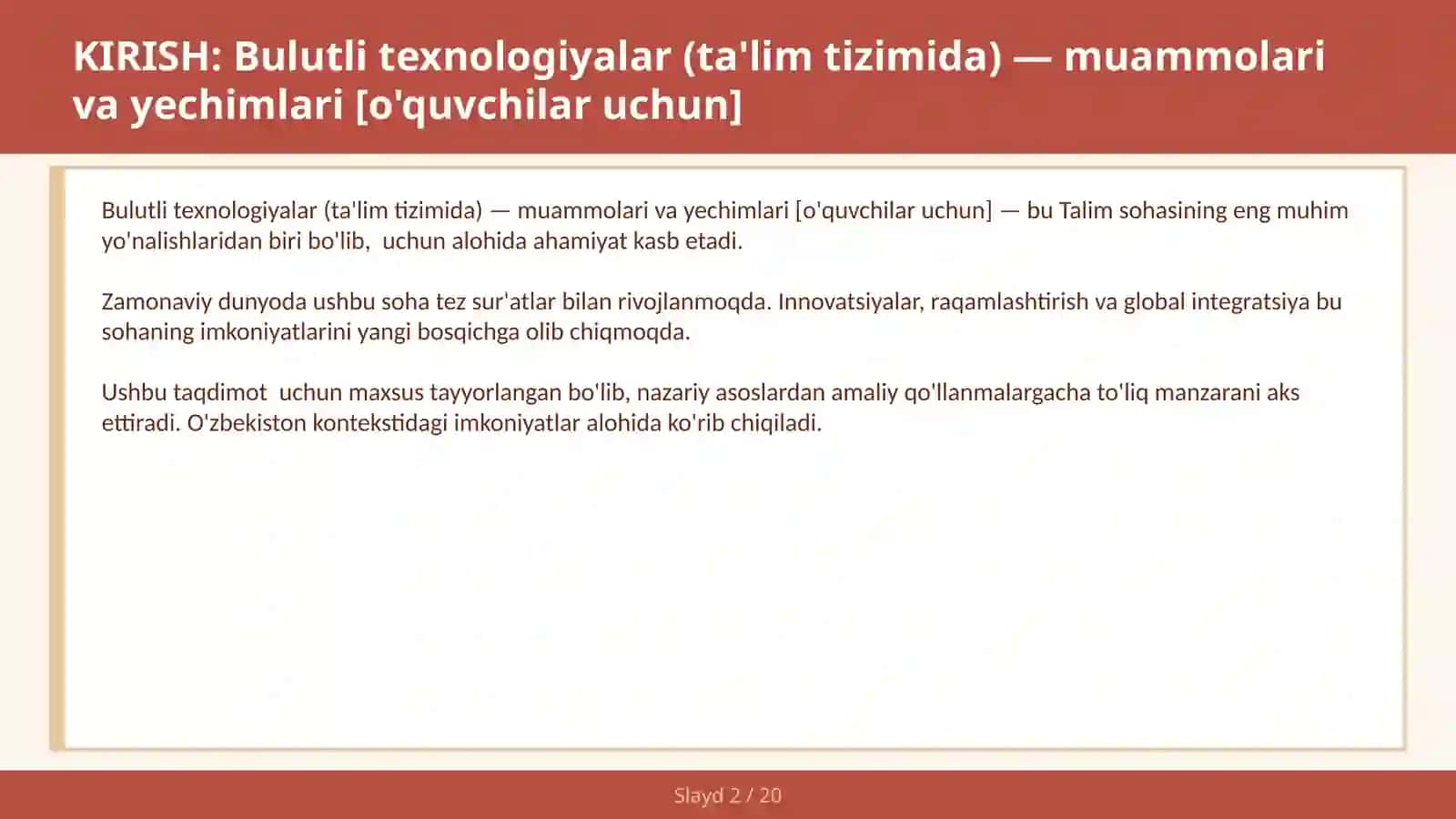Bulutli texnologiyalar (ta'lim tizimida) — muammolari va yechimlari [o'quvchilar uchun] 2
