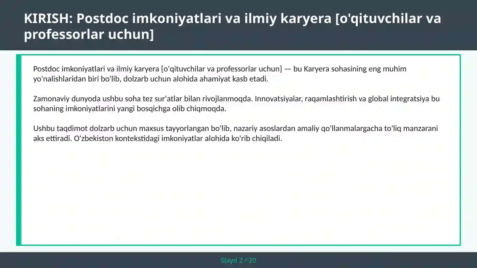 Postdoc imkoniyatlari va ilmiy karyera [O'qituvchilar va professorlar uchun] 2