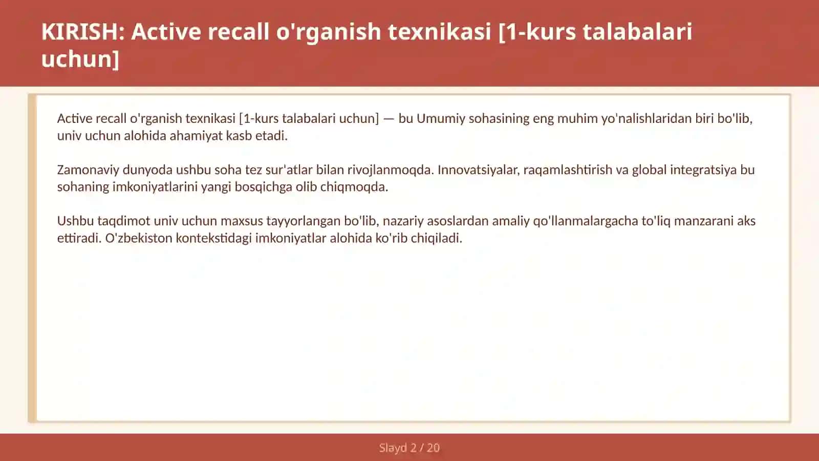Active recall o'rganish texnikasi [1-kurs talabalari uchun] 2