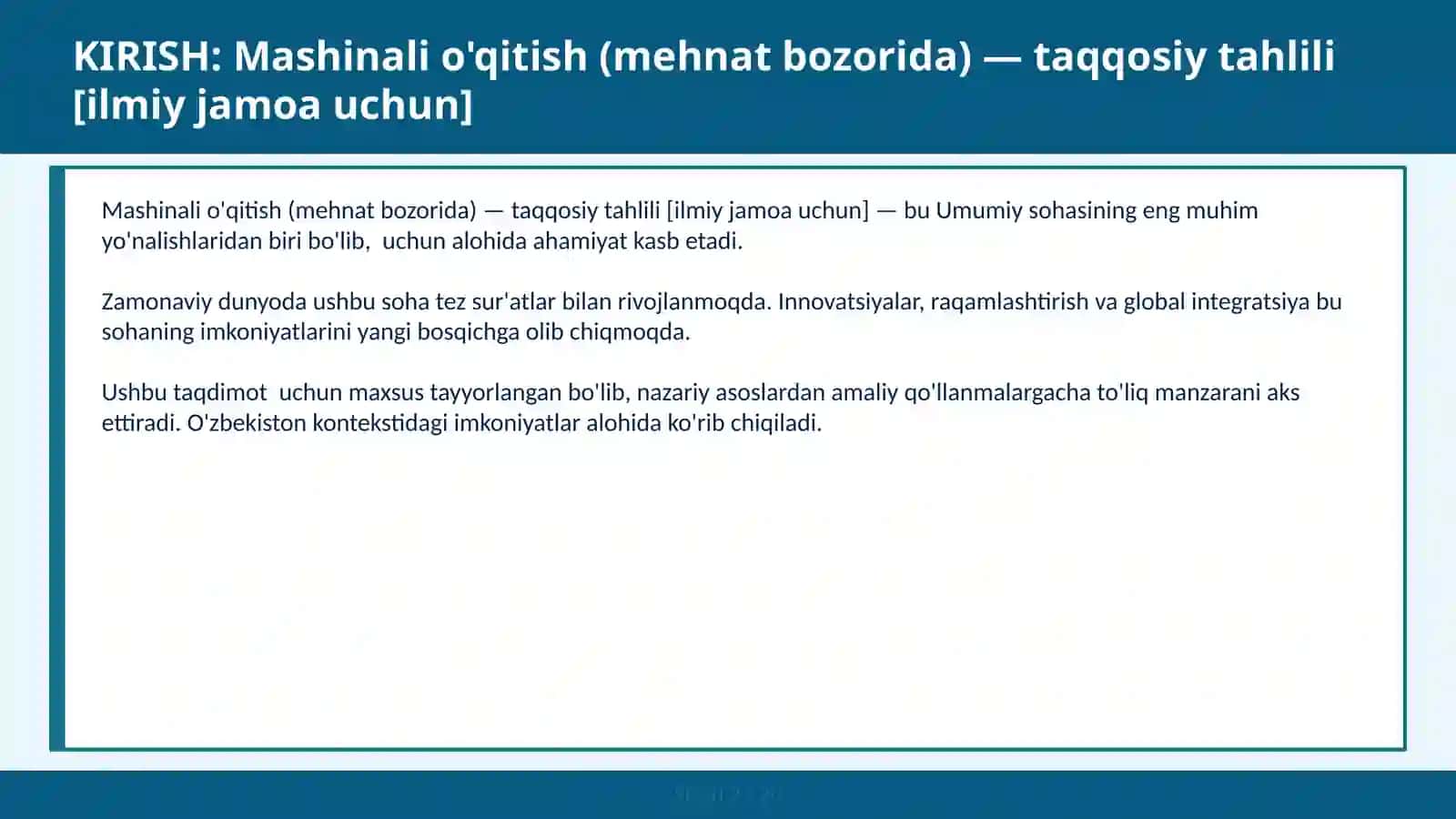 Mashinali o'qitish (mehnat bozorida) — taqqosiy tahlili [ilmiy jamoa uchun] 2