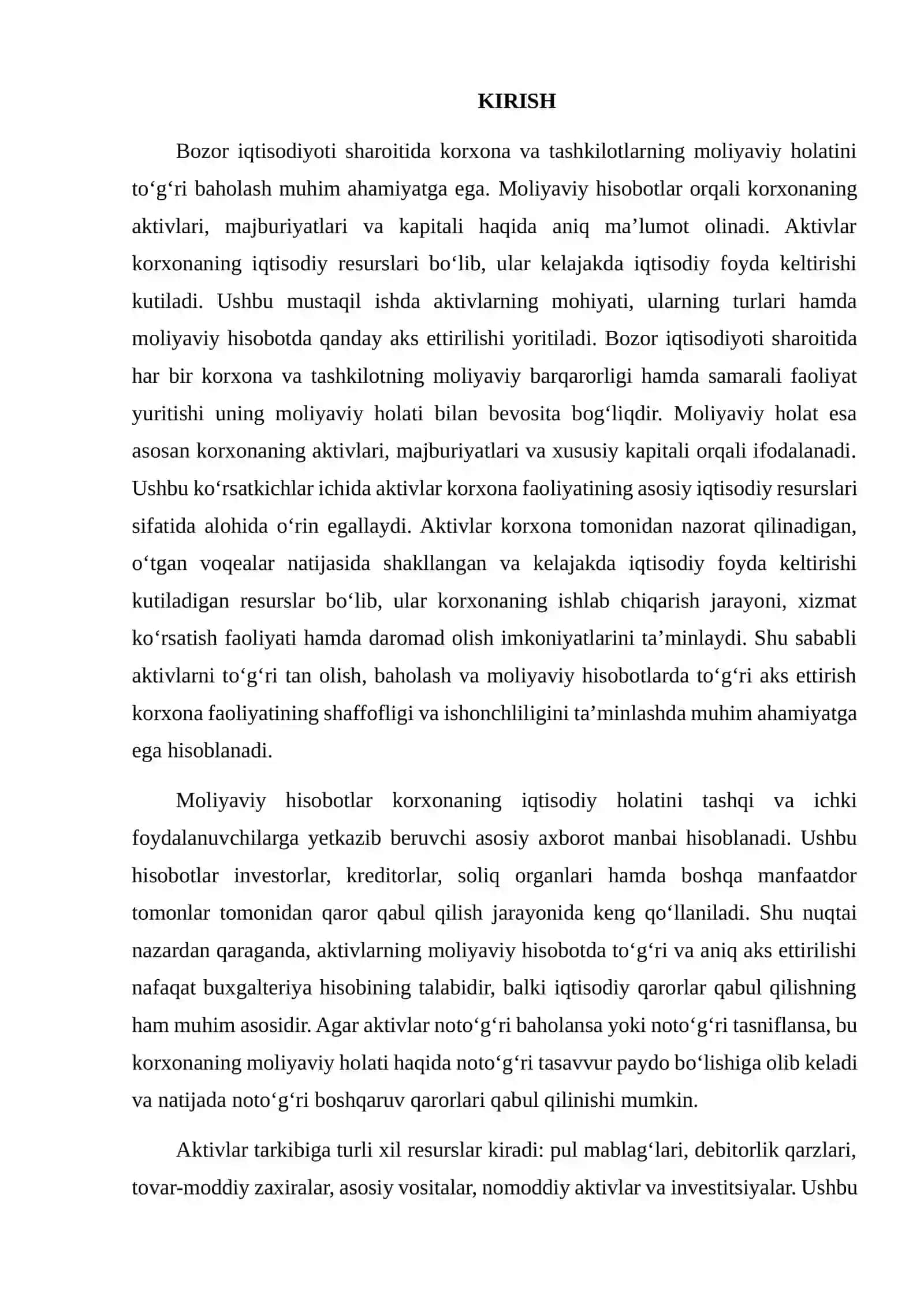 Aktivlarning moliyaviy hisobotda aks ettirilishi 2