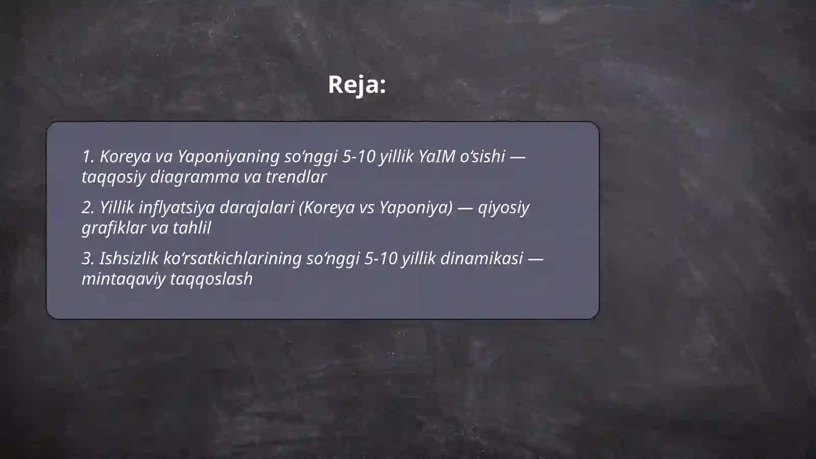 Koreya va Yaponiyaning oxirgi 5-10 yillik YaIM, inflyatsiya, ishsizlik ko’rsatkichlari 2