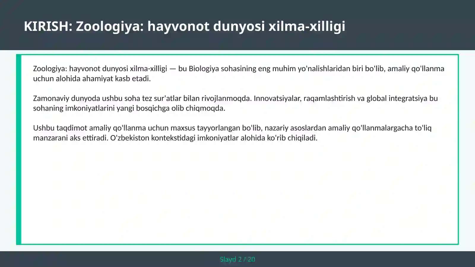 Zoologiya: Hayvonot Dunyosi Xilma-Xilligi 2