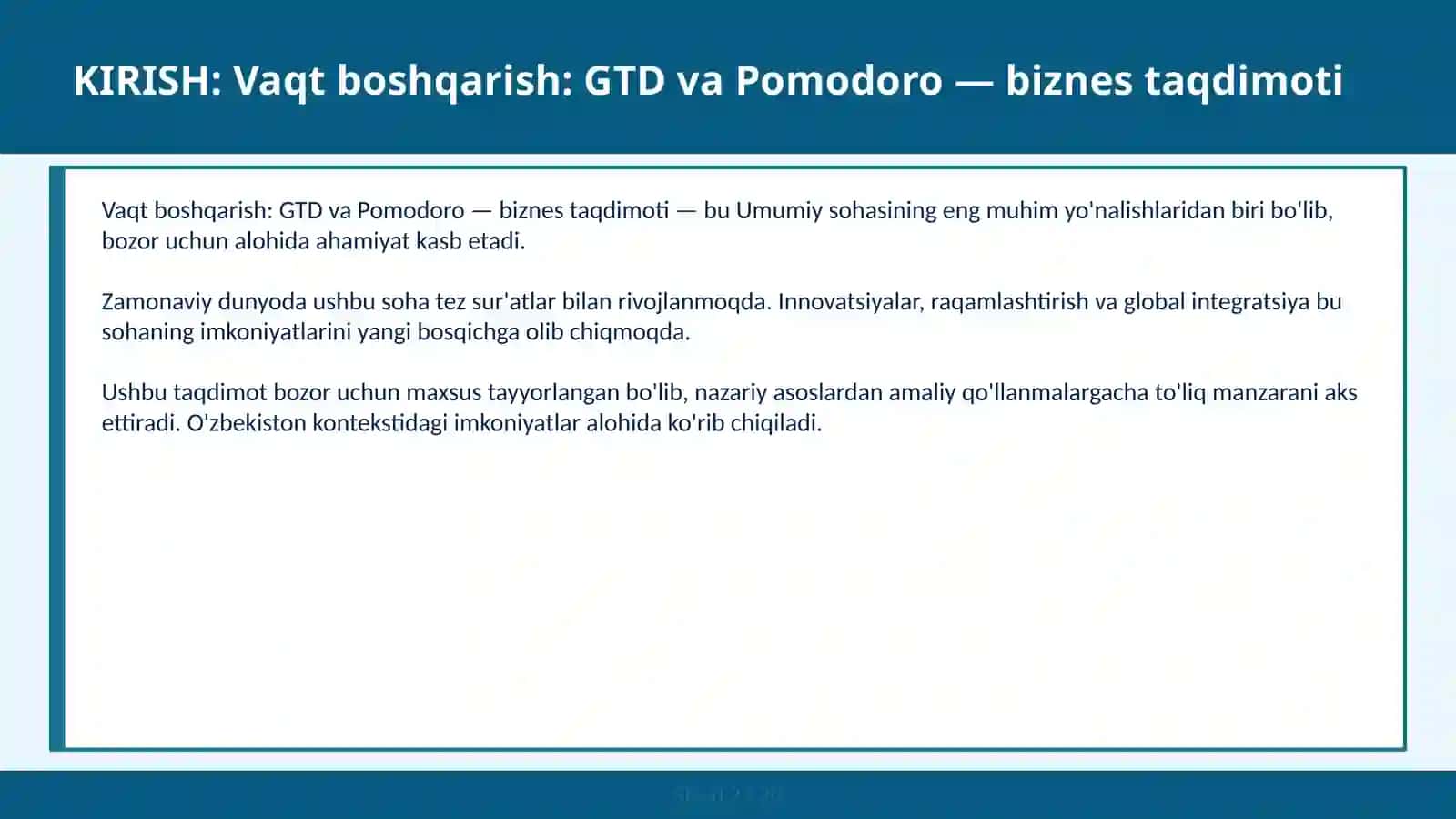 Vaqt boshqarish: GTD va Pomodoro — biznes taqdimoti 2