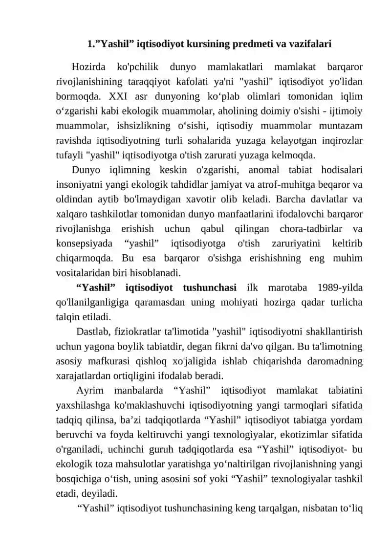 Yashil” iqtisodiyot fanining predmeti va vazifalari barqaror rivojlanishni ta’minlashda “yashil iqtisodiyot”ning o’rni. 2