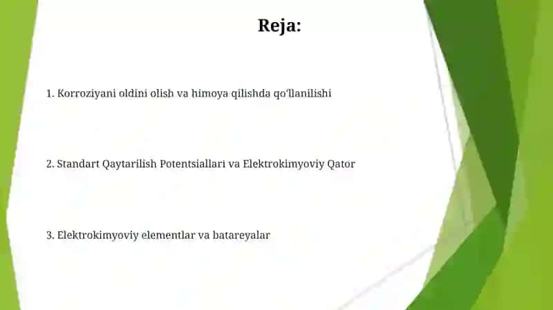 Metallarning standart elektrokimyoviypotensiyallariqatorivaqo'llash 2
