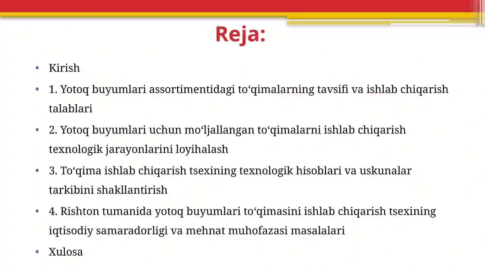 Fargʻona viloyati Rishton tumanida yotoq buyumlari assortimentidagi toʻqima ishlab chiqarish tsexini loyihalash 2