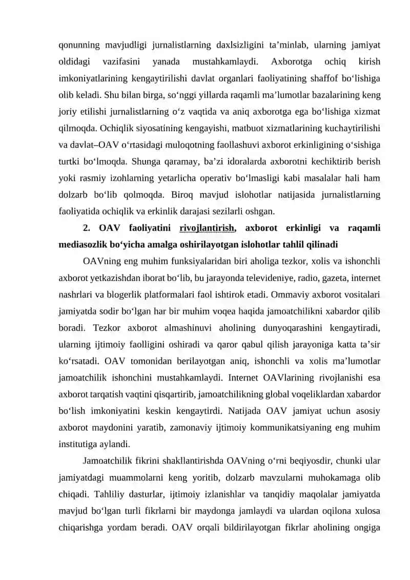 O‘zbekiston Respublikasida ommaviy axborot vositalarining faoliyati 2