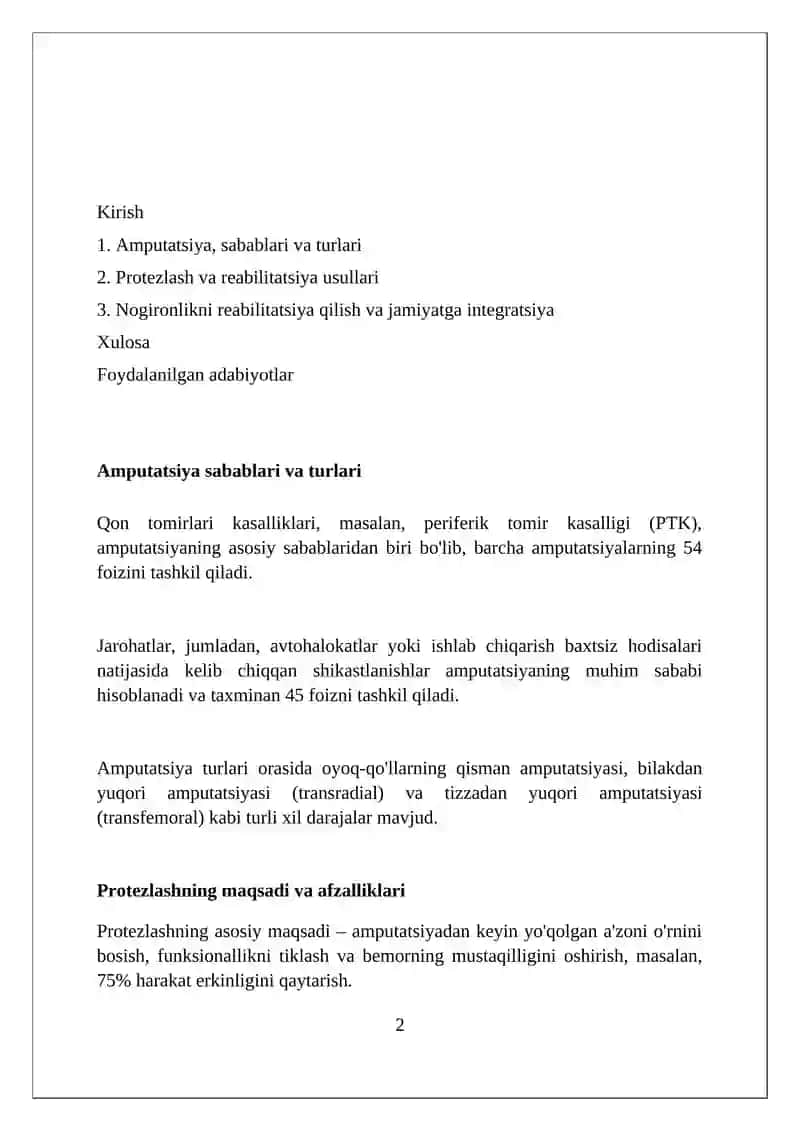 Amputatsiya, protezlash ishlar va nogironlar reabilitatasiaysi 2