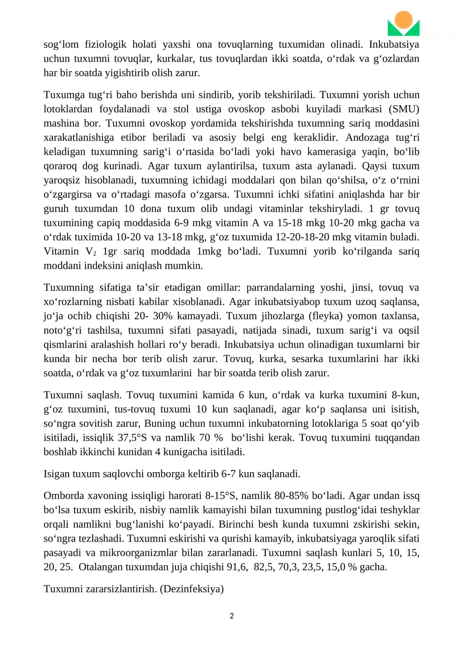 Tuxum va go’sht yo’nalishidagi parranda tuxumlarini inkubatsiyalashga tayyorlash va inkubatsiyalash rejasini tuzush 2