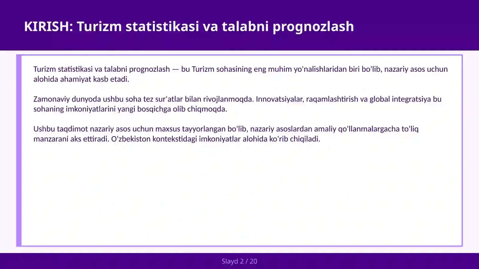 Turizm statistikasi va talabni prognozlash 2
