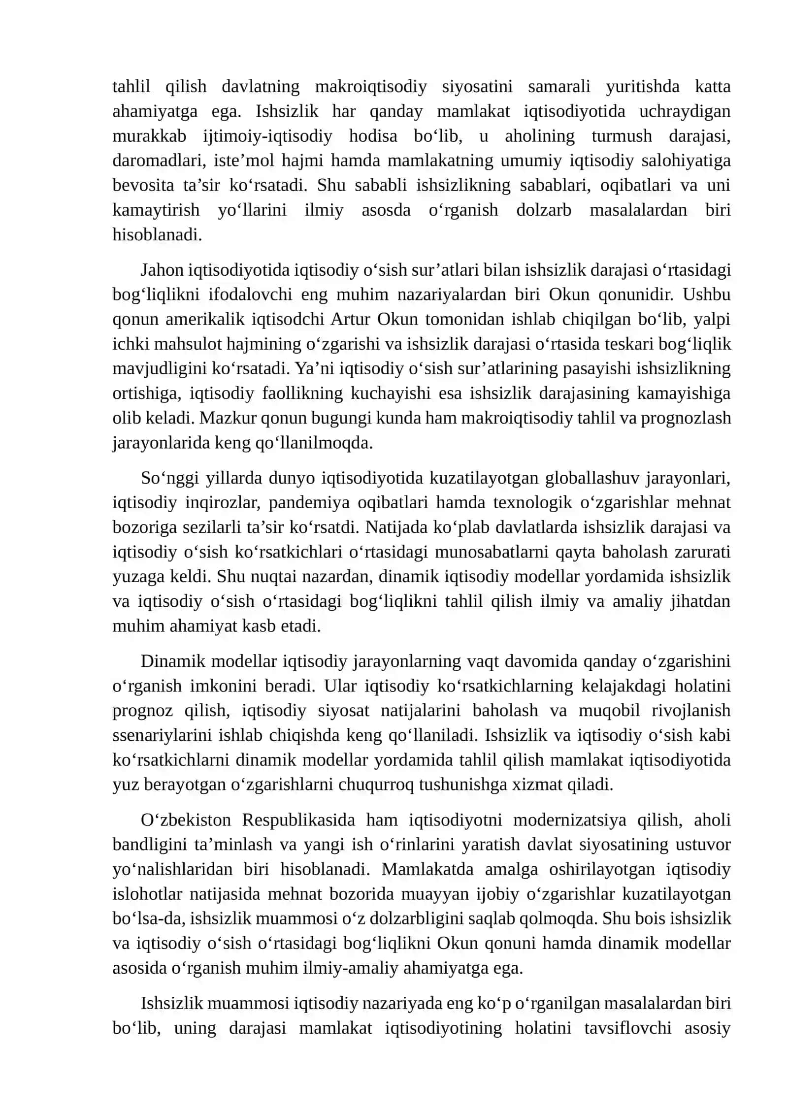 Dinamik modellarida ishsizlik va Okun qonuni 2