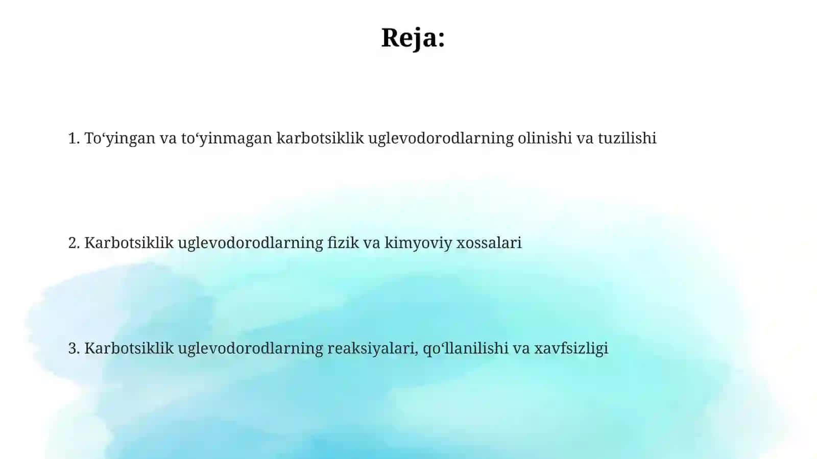 Karbosiklik toʻyingan va toʻyinmagan uglevodorodlarning olinishi va xossalari 2
