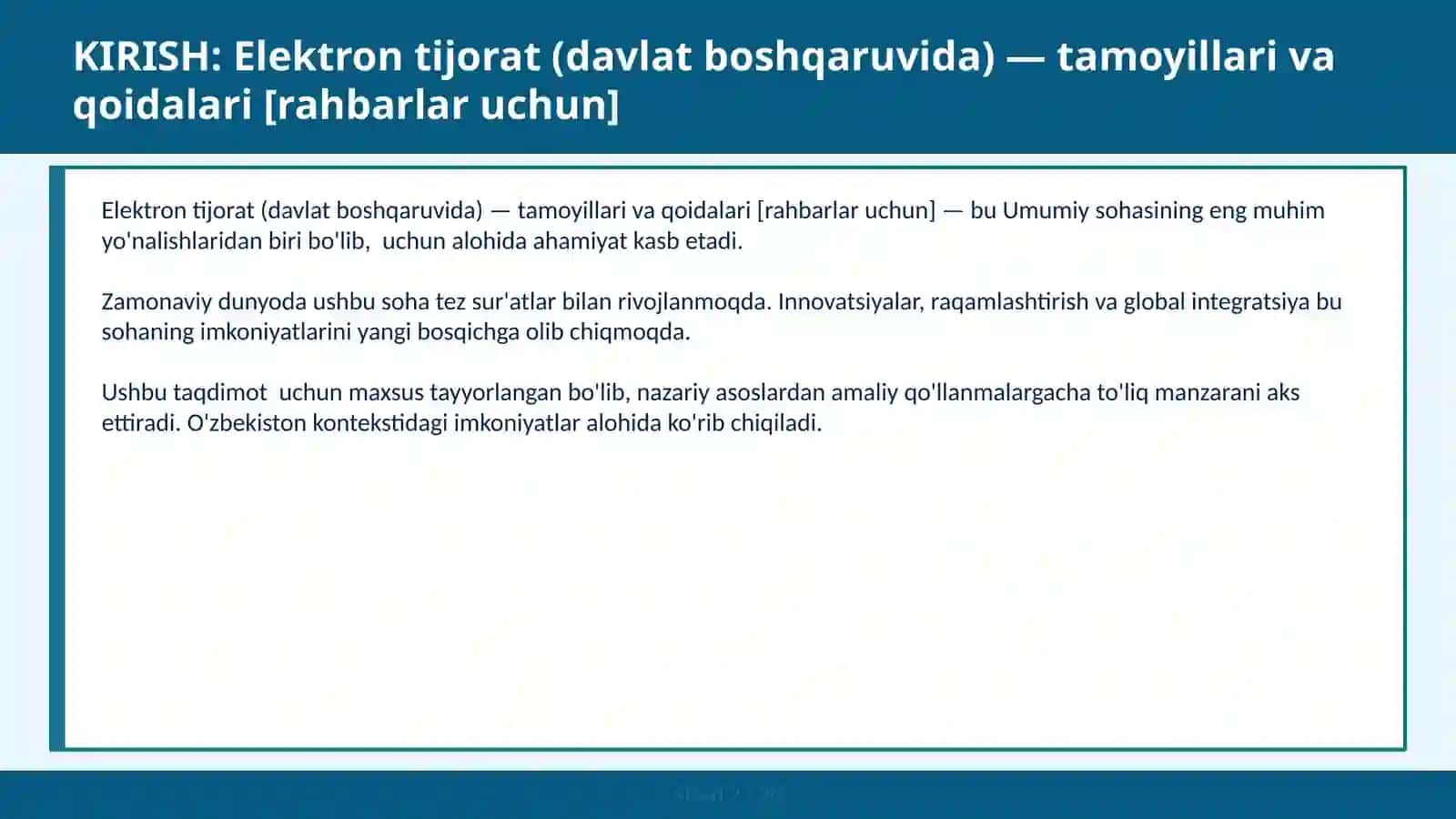 ELEKTRON TIJORAT (DAVLAT BOSHQARUVIDA) — TAMOYILLARI VA QOIDALARI [RAHBARLAR UCHUN] 2