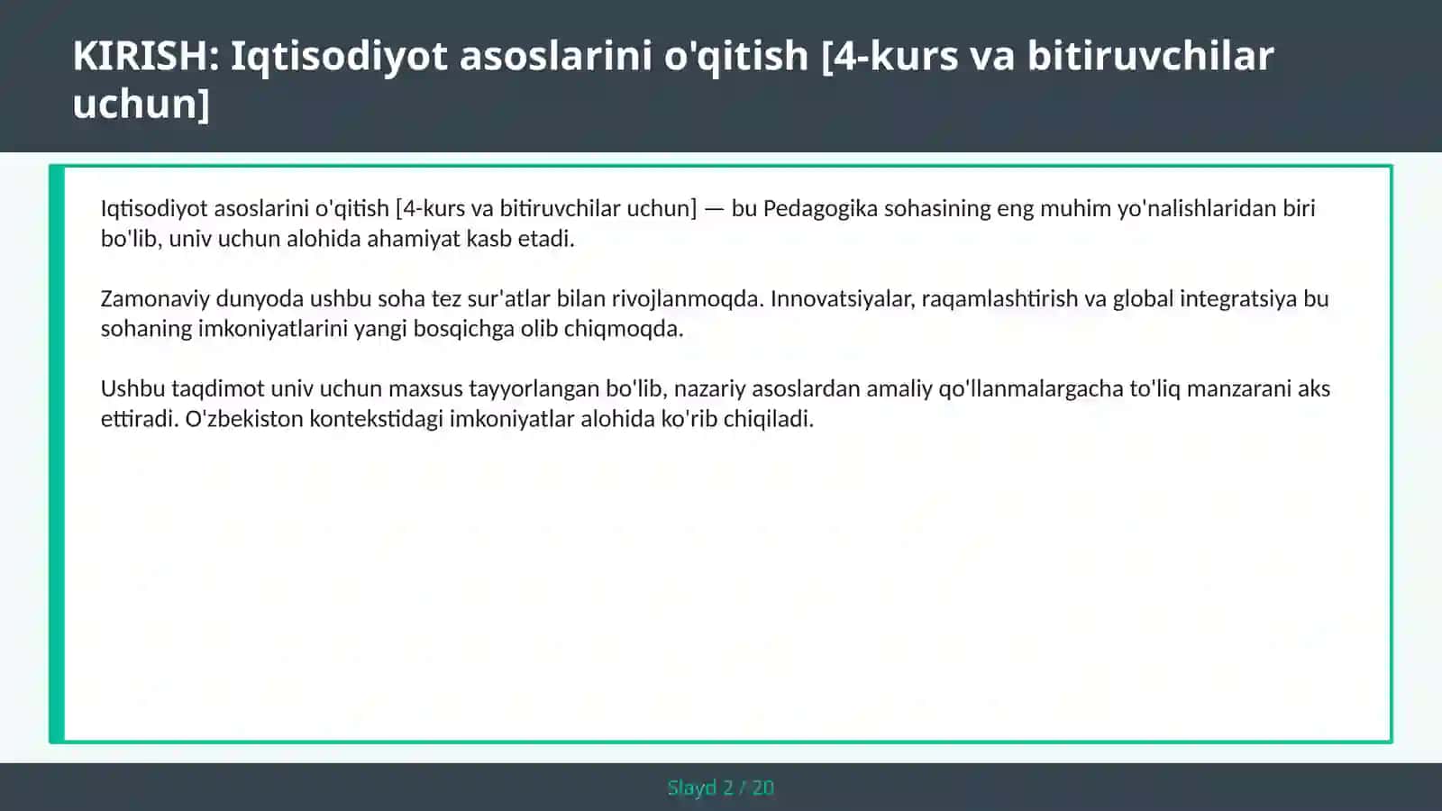 Iqtisodiyot asoslarini o'qitish [4-kurs va bitiruvchilar uchun] 2