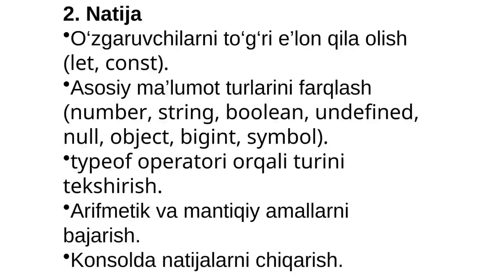 O‘zgaruvchilar va ma’lumot turlari (JavaScript) 2
