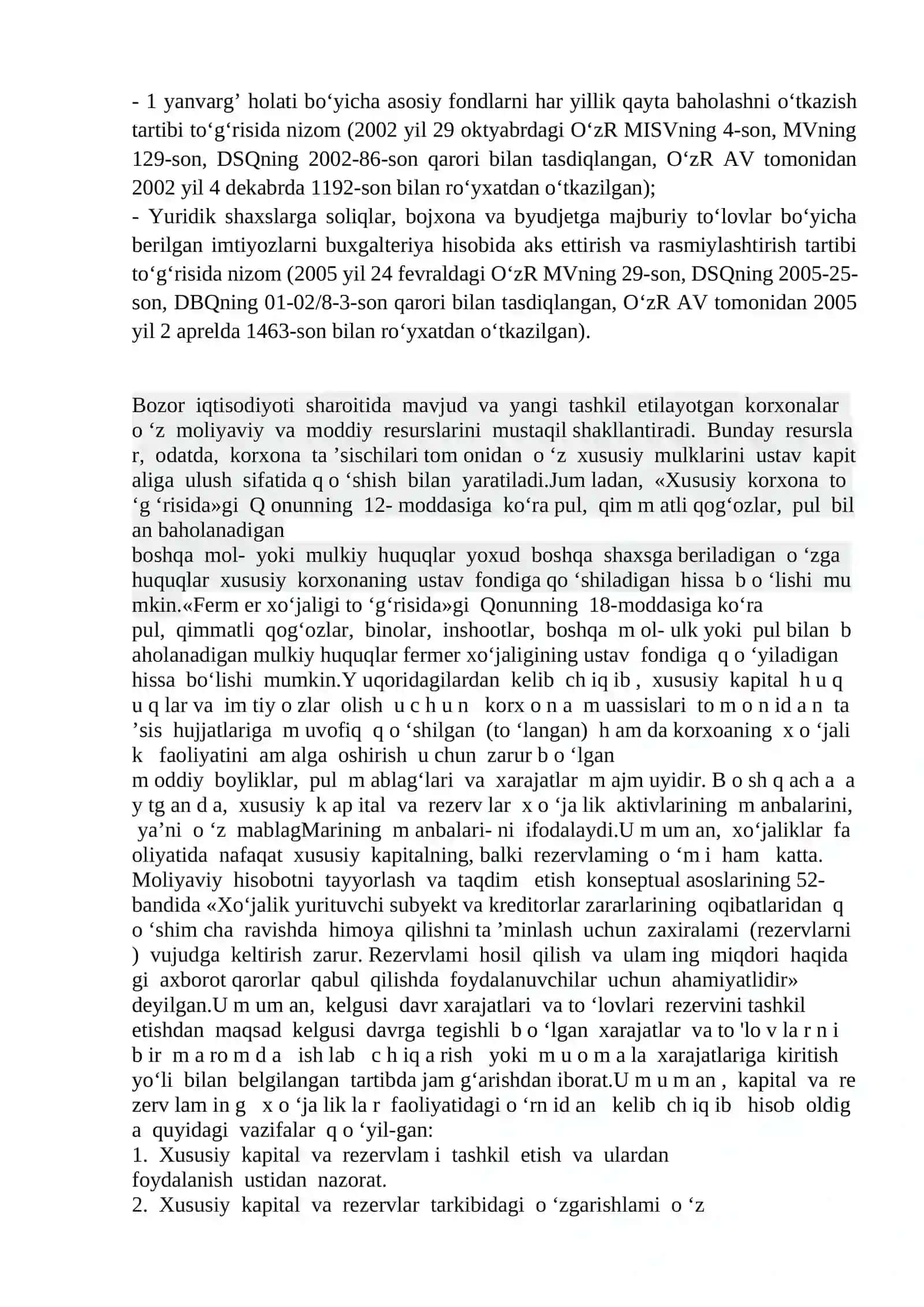 Xususiy kapital hisobini tashkil etish va uning vazifalari. Qo‘shilgan kapital va zaxira kapitalini shakllantirish va ishlatilishini hisobga olish 2
