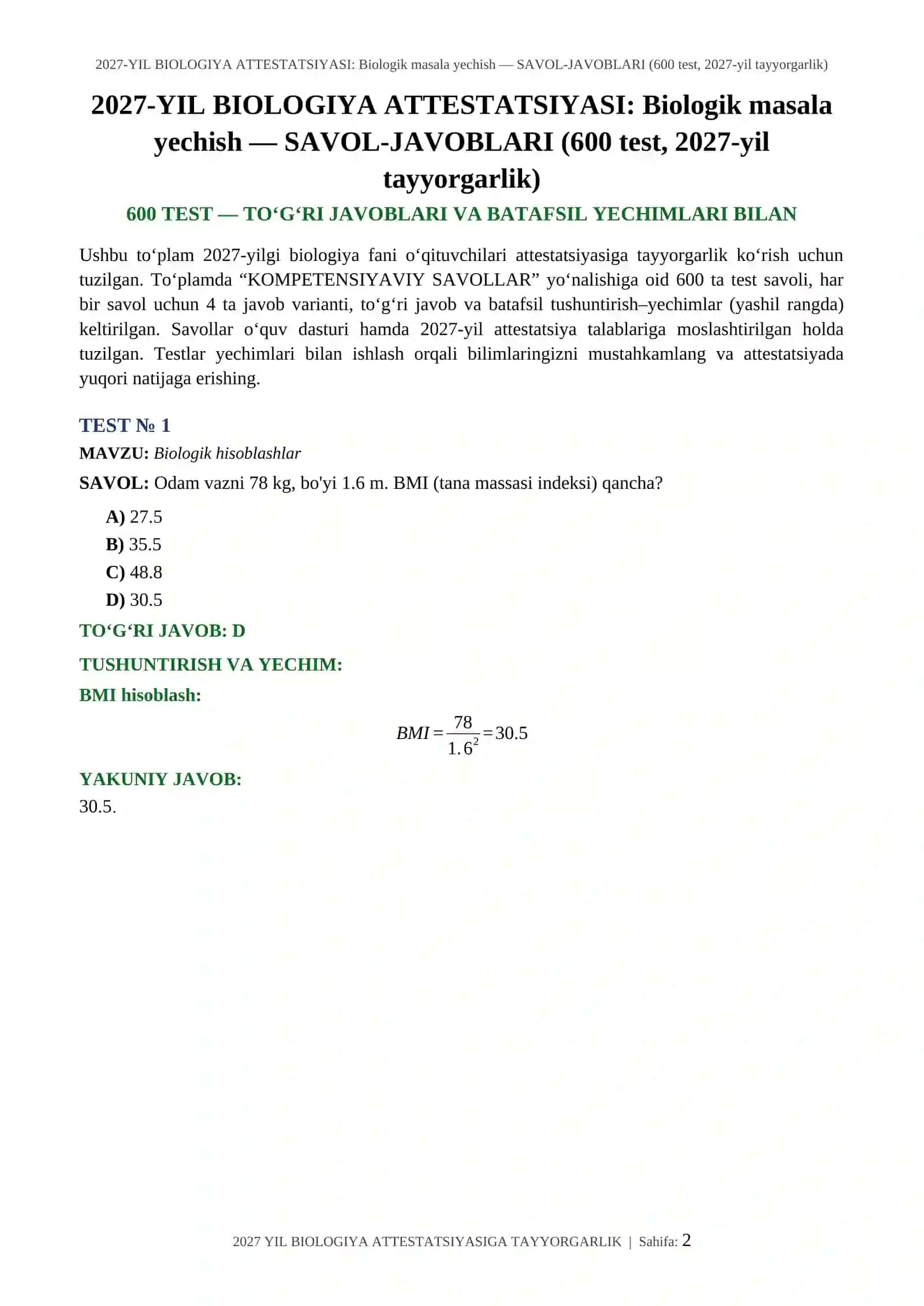 2027-YIL BIOLOGIYA ATTESTATSIYASI: Biologik masala yechish — SAVOL-JAVOBLARI (600 test, 2027-yil tayyorgarlik) 2