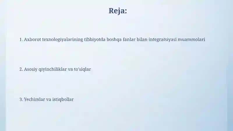 Tibbiyotda axborot texnologiyalarining boshqa fanlar bilan integratsiya masalalarini yoritib berish 2