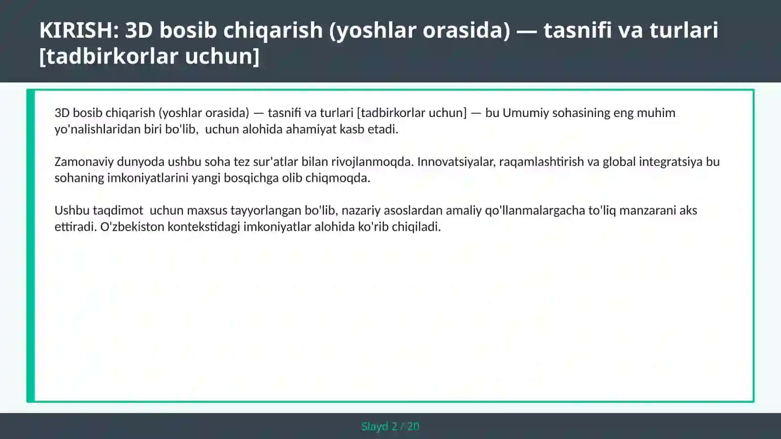 3D BOSIB CHIQARISH (YOSHLAR ORASIDA) — TASNIFI VA TURLARI [TADBIRKORLAR UCHUN] 2