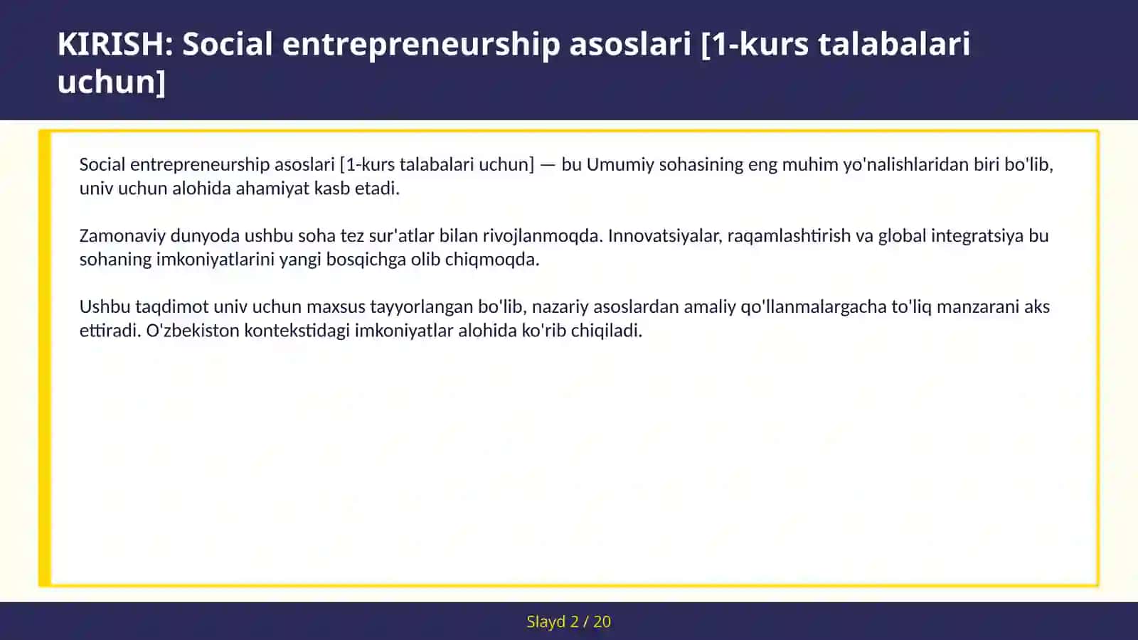 Social entrepreneurship asoslari [1-kurs talabalari uchun] 2