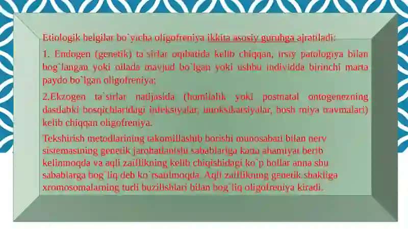 MODDALAR ALMASHINUVINING BUZILISH NATIJASIDA KELIB CHIQQAN OLIGOFRENIYA 2